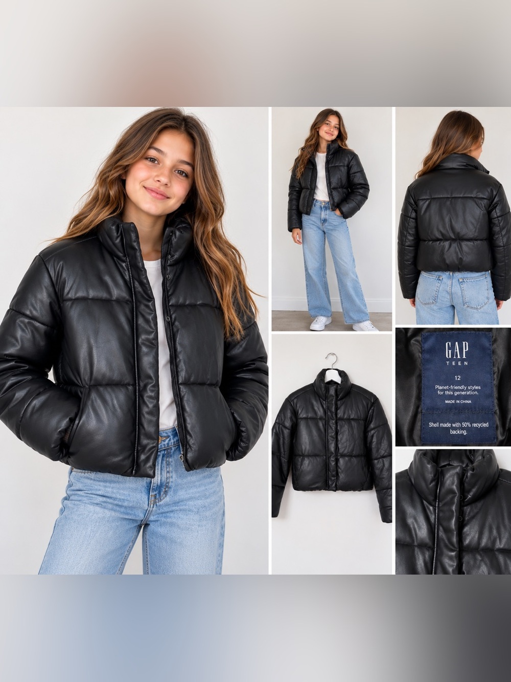 GAP Teen 12 Faux Leather Puffer Jacket Cropped Winter Coat Girls Trendy Casual